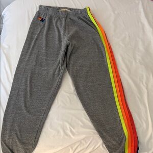 Aviator Nation Gray Track Pants with Rainbow Stripes